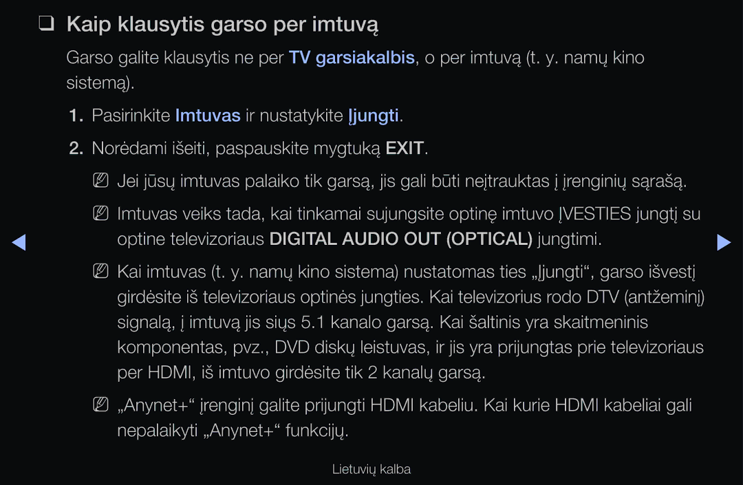 Samsung UE55D6500VSXXH manual Kaip klausytis garso per imtuvą, Optine televizoriaus Digital Audio OUT Optical jungtimi 