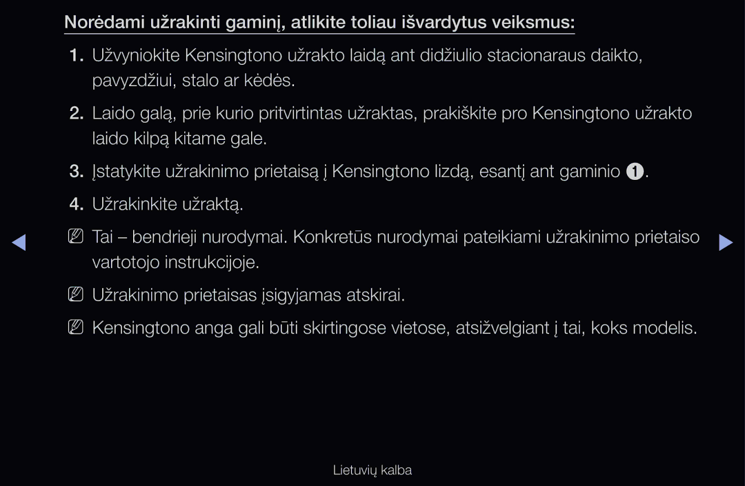 Samsung UE37D6500VSXXH, UE55D6200TSXZG manual Vartotojo instrukcijoje, NN Užrakinimo prietaisas įsigyjamas atskirai 