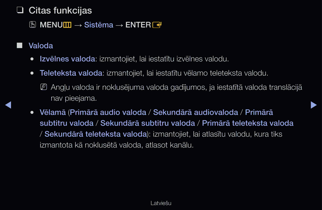 Samsung UE40D6510WSXXH, UE55D6200TSXZG, UE40D6200TSXZG, UE40D6000TWXXH manual Citas funkcijas, OO MENUm → Sistēma → Entere 