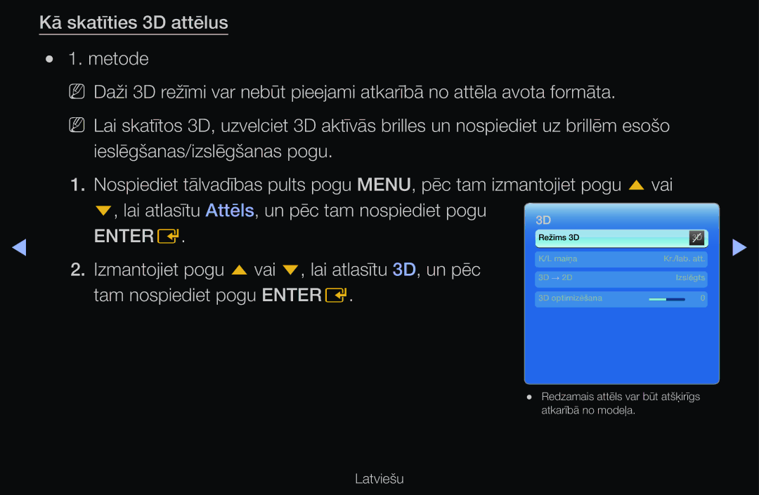 Samsung UE55D6100SWXXH, UE55D6200TSXZG manual Izmantojiet pogu u vai d, lai atlasītu 3D, un pēc, Tam nospiediet pogu Entere 