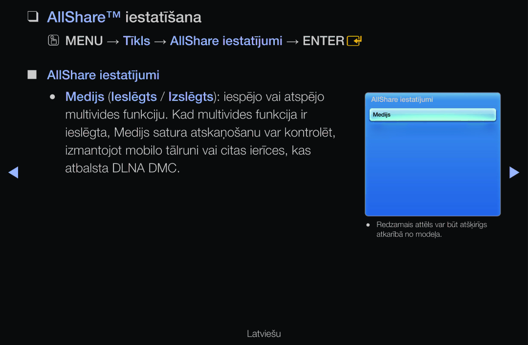 Samsung UE55D6200TSXZG manual AllShare iestatīšana, Medijs Ieslēgts / Izslēgts iespējo vai atspējo, Atbalsta Dlna DMC 
