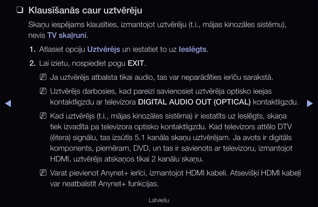 Samsung UE55D6500VSXXH, UE55D6200TSXZG manual Klausīšanās caur uztvērēju, HDMI, uztvērējs atskaņos tikai 2 kanālu skaņu 