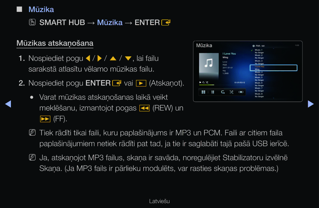 Samsung UE32D6500VSXXH manual OO Smart HUB → Mūzika → Entere Mūzikas atskaņošana, Meklēšanu, izmantojot pogas REW un 