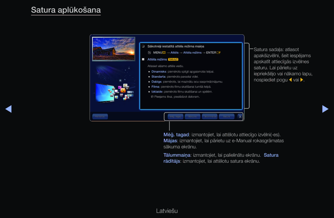 Samsung UE40D6000TWXXH, UE55D6200TSXZG, UE40D6200TSXZG manual Satura aplūkošana, Sākotnēji iestatītā attēla režīma maiņa 