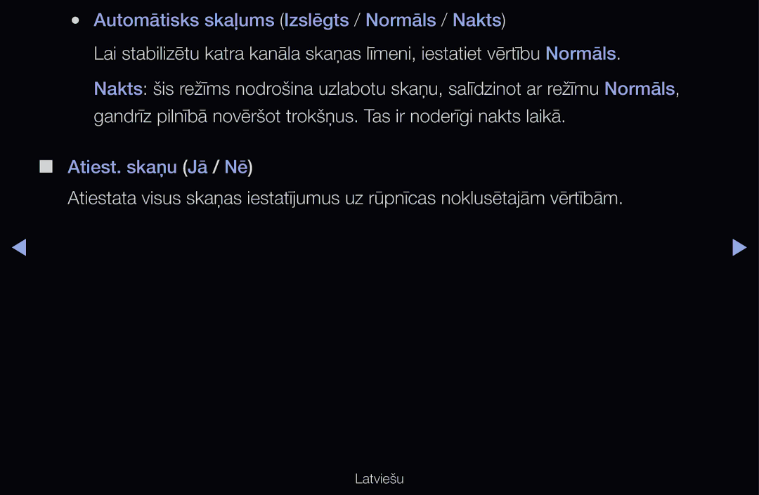 Samsung UE40D6510WSXXH, UE55D6200TSXZG, UE40D6200TSXZG, UE40D6000TWXXH manual Automātisks skaļums Izslēgts / Normāls / Nakts 