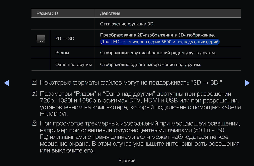 Samsung UE32D6570WSXXH, UE55D6200TSXZG, UE40D6200TSXZG manual NN Некоторые форматы файлов могут не поддерживать 2D → 3D 