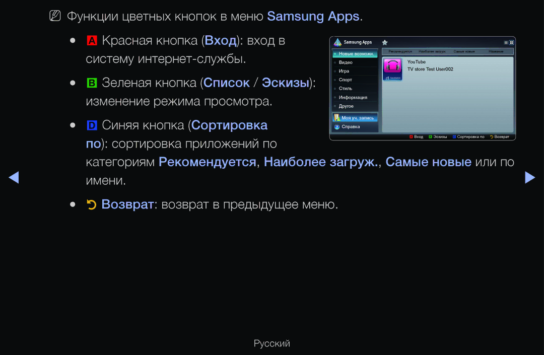 Samsung UE55D6100SWXXH, UE55D6200TSXZG, UE40D6200TSXZG manual Синяя кнопка Сортировка, По сортировка приложений по, Имени 