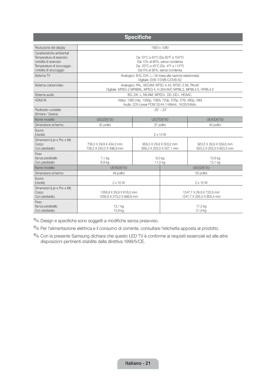 Samsung UE37D6750WQXZT, UE55D6750WQXZT, UE40D6750WQXZT, UE32D6750WQXZT, UE46D6750WQXZT manual Specifiche 