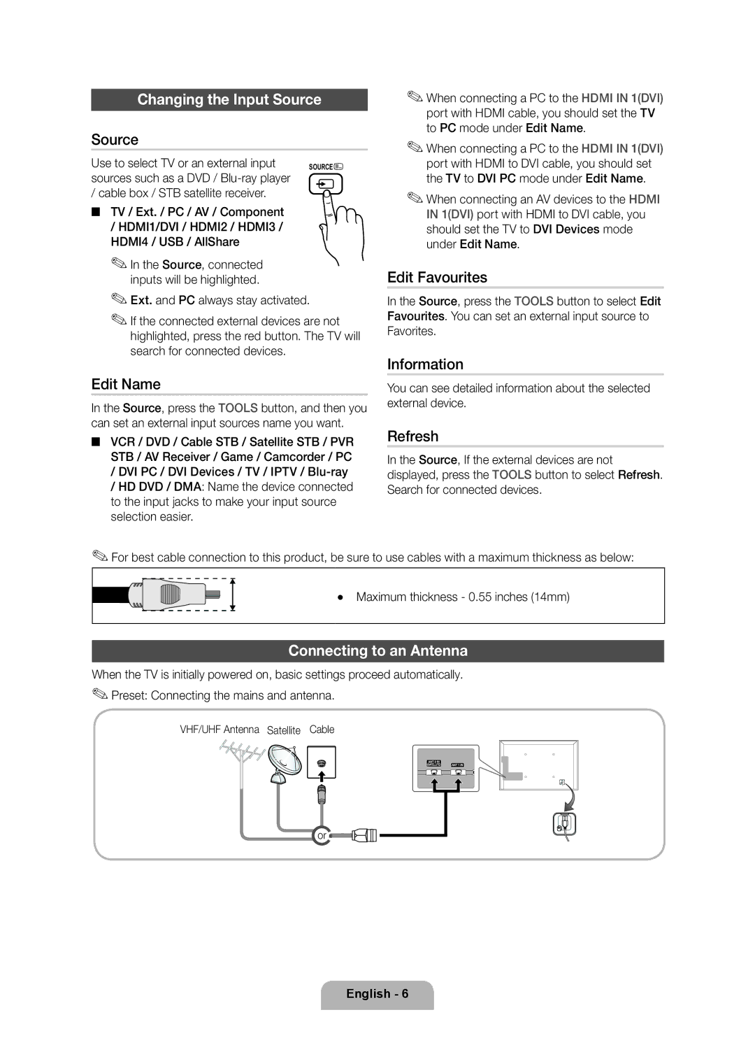 Samsung UE40D6750WQXZT, UE55D6750WQXZT, UE32D6750WQXZT, UE37D6750WQXZT Changing the Input Source, Connecting to an Antenna 