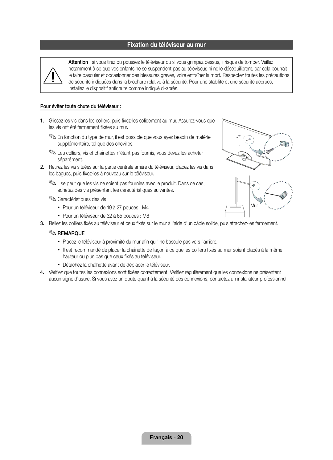 Samsung UE46D6750WQXZT, UE55D6750WQXZT manual Fixation du téléviseur au mur, Pour un téléviseur de 32 à 65 pouces M8, Mur 