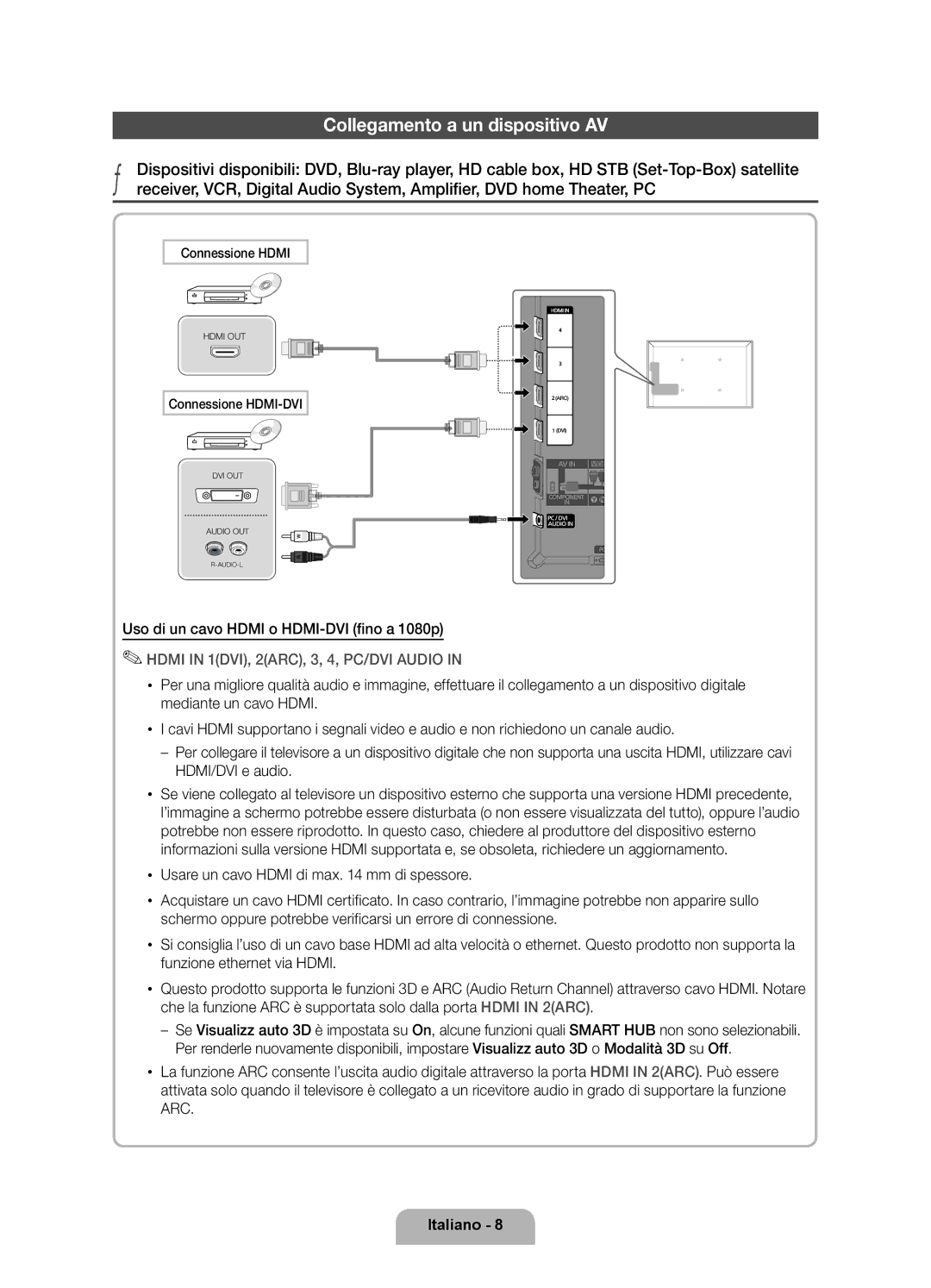 Samsung UE55D8000YQXZT, UE40D8000YQXZT manual Collegamento a un dispositivo AV, Uso di un cavo Hdmi o HDMI-DVI fino a 1080p 