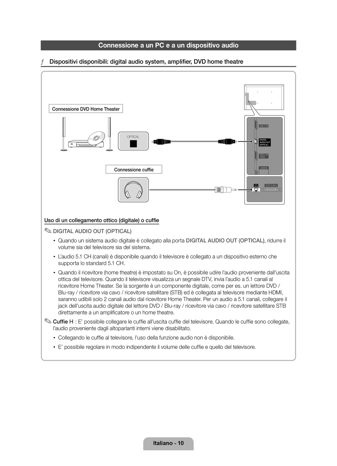 Samsung UE60D8000YQXZT manual Connessione a un PC e a un dispositivo audio, Uso di un collegamento ottico digitale o cuffie 