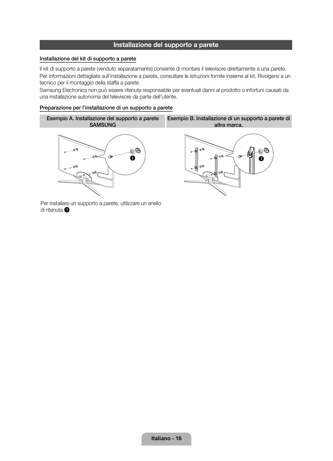 Samsung UE55D8000YQXZT, UE40D8000YQXZT, UE60D8000YQXZT, UE46D8000YQXZT manual Installazione del supporto a parete, Samsung 