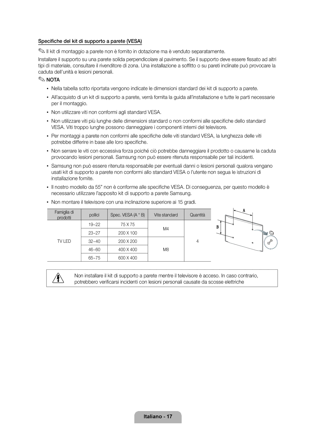 Samsung UE40D8000YQXZT manual Spec. Vesa a * B, Prodotti, 19~22 75 X 23~27 200 X, 32~40 200 X 46~60 400 X 65~75 600 X 