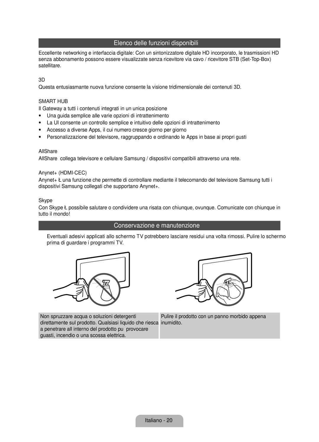 Samsung UE55D8000YQXZT, UE40D8000YQXZT, UE60D8000YQXZT manual Elenco delle funzioni disponibili, Conservazione e manutenzione 