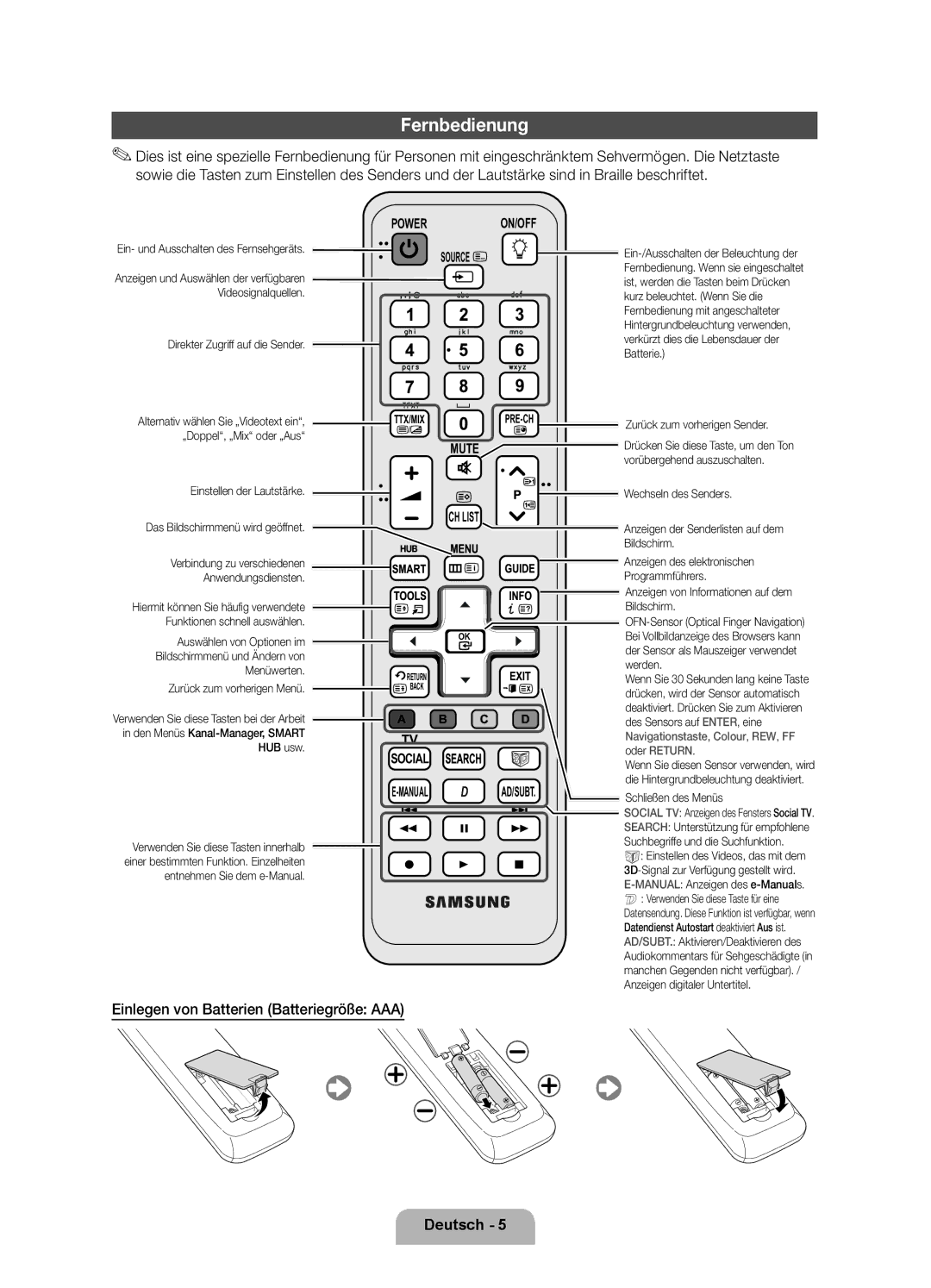 Samsung UE46D8000YQXZT, UE55D8000YQXZT, UE40D8000YQXZT manual Fernbedienung, Einlegen von Batterien Batteriegröße AAA 