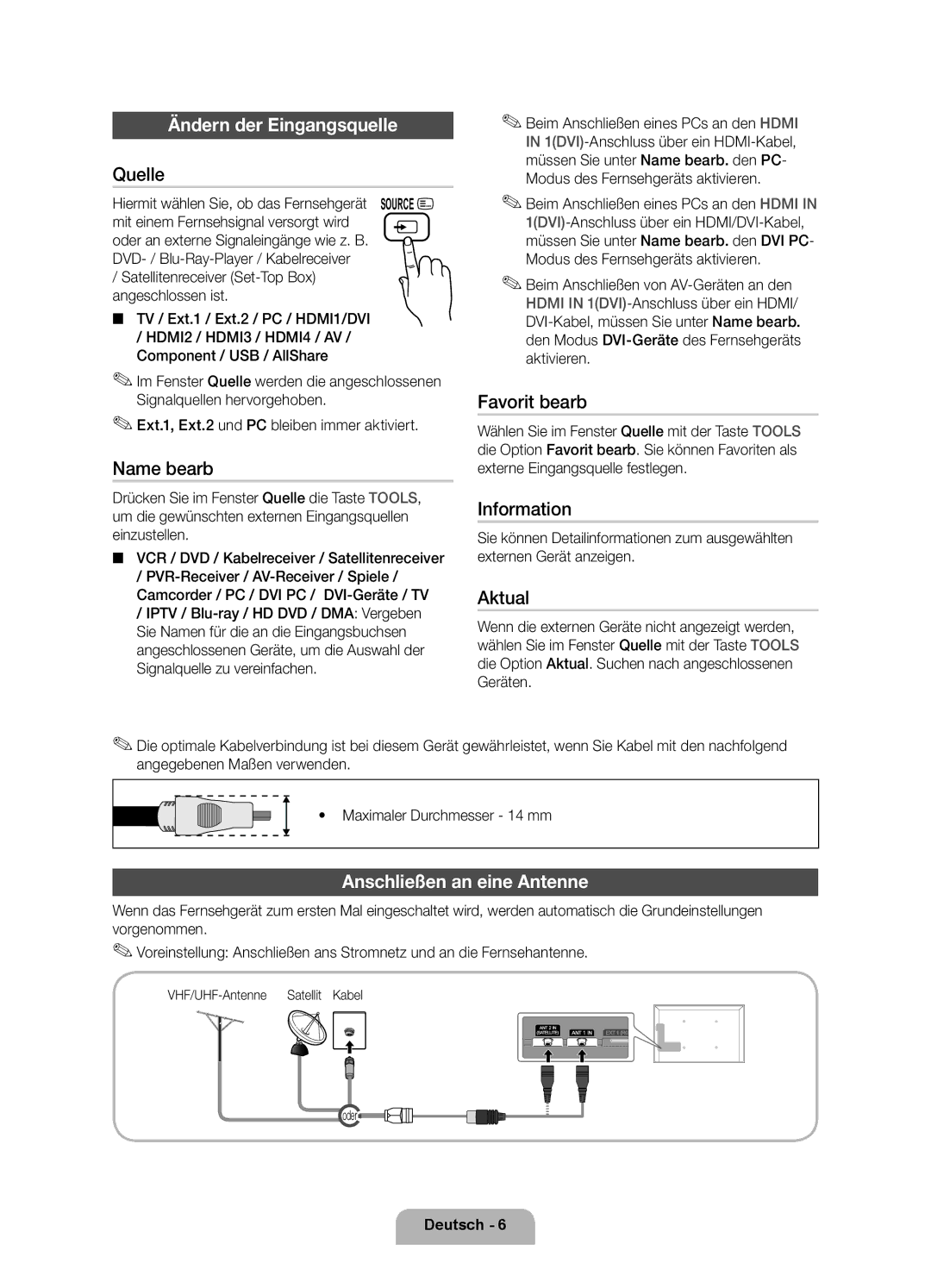 Samsung UE55D8000YQXZT, UE40D8000YQXZT, UE60D8000YQXZT manual Ändern der Eingangsquelle, Anschließen an eine Antenne 