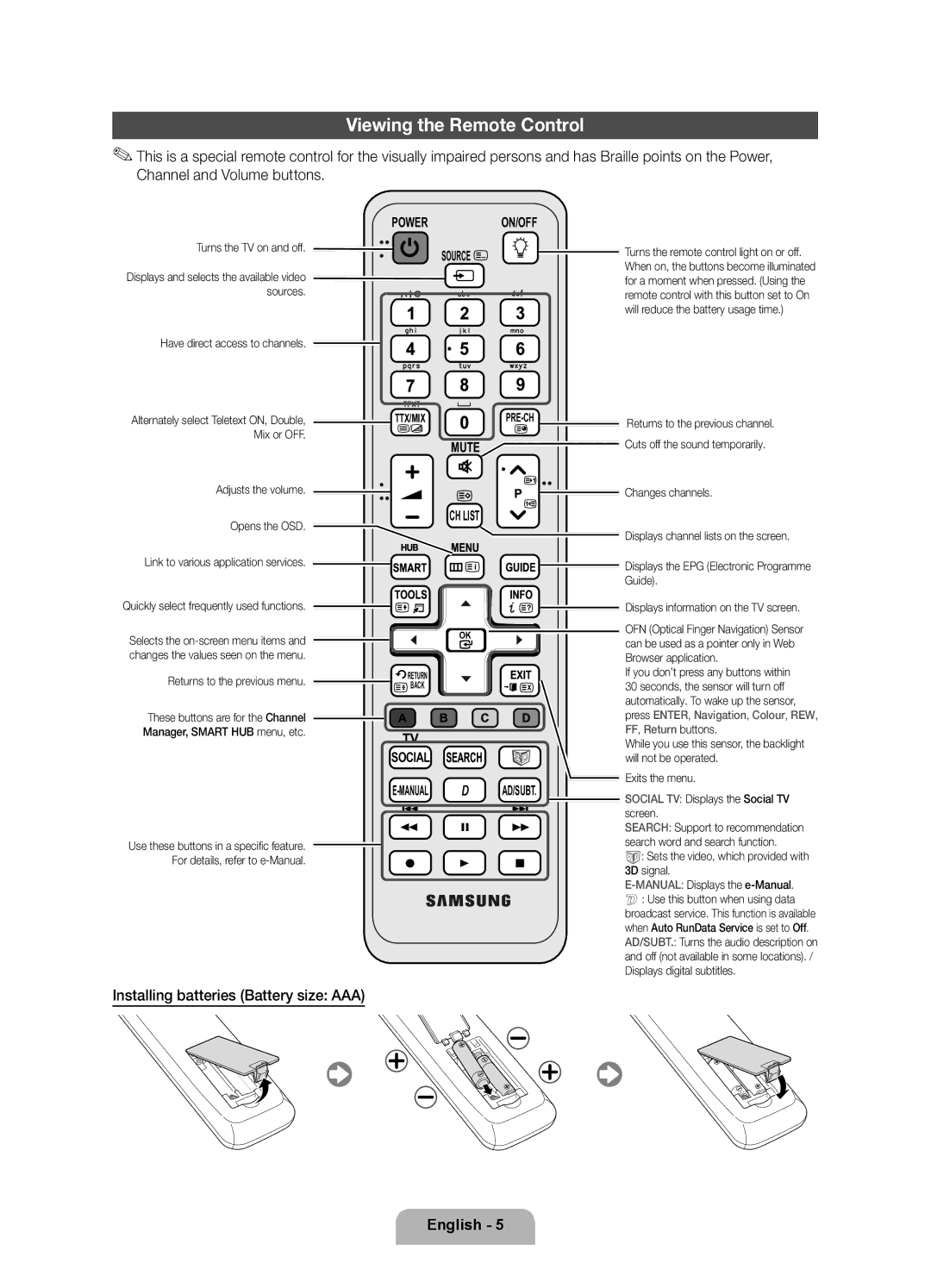 Samsung UE40D8000YQXZT, UE55D8000YQXZT, UE60D8000YQXZT Viewing the Remote Control, Installing batteries Battery size AAA 