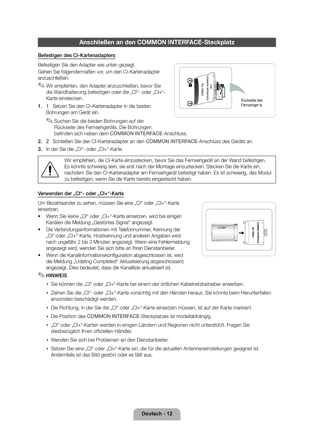 Samsung UE60D8000YQXZT Anschließen an den Common INTERFACE-Steckplatz, Befinden sich neben dem Common INTERFACE-Anschluss 