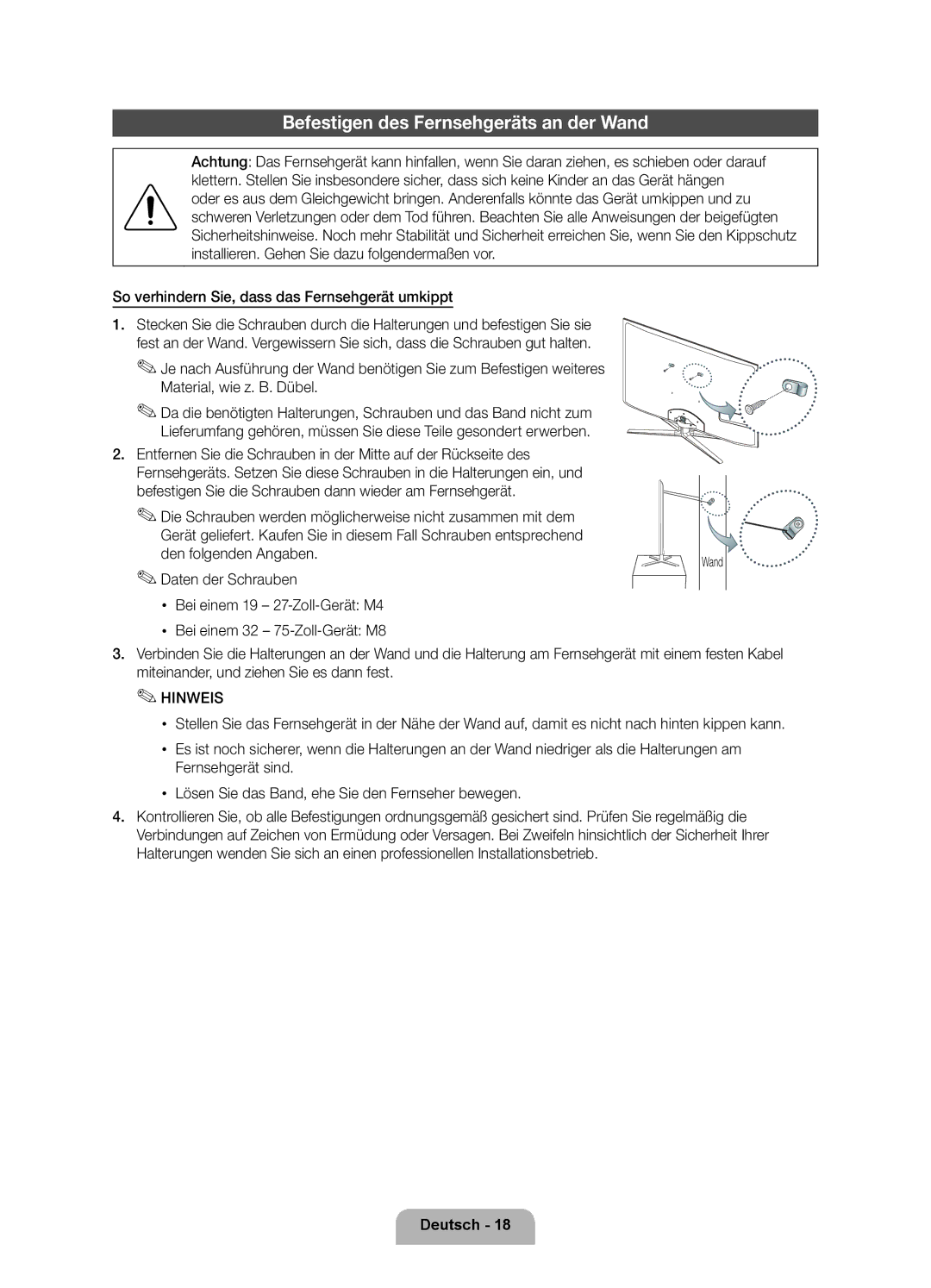 Samsung UE55D8000YQXZT manual Befestigen des Fernsehgeräts an der Wand, So verhindern Sie, dass das Fernsehgerät umkippt 