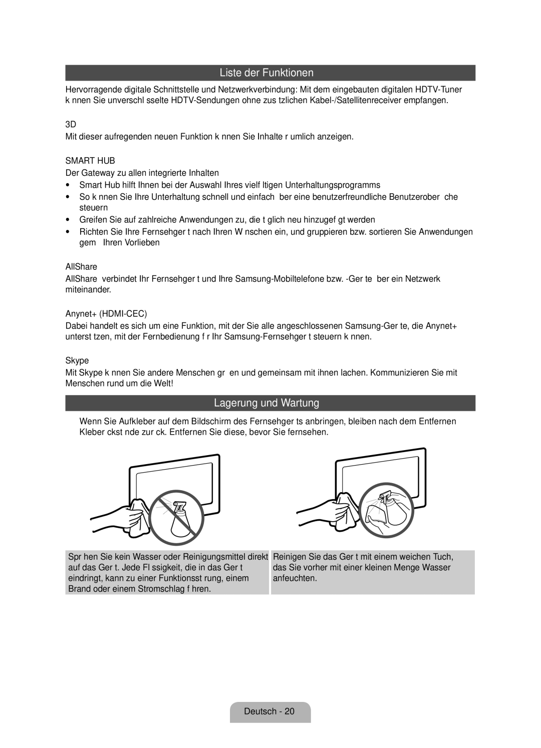 Samsung UE60D8000YQXZT, UE55D8000YQXZT, UE40D8000YQXZT, UE46D8000YQXZT manual Liste der Funktionen, Lagerung und Wartung 