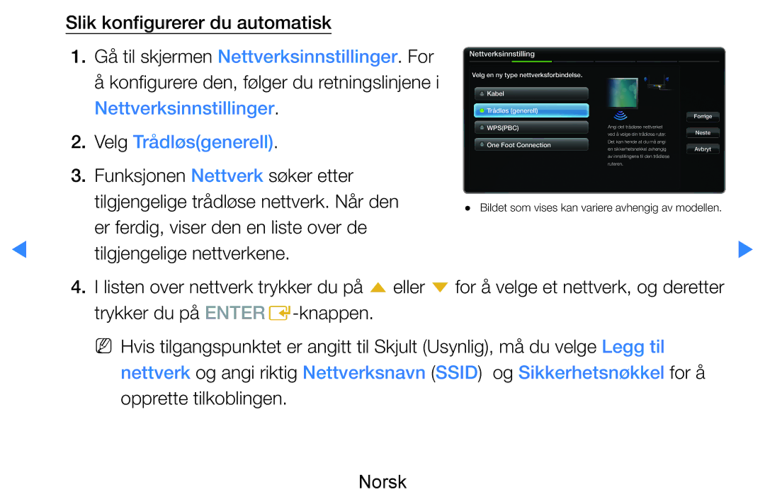 Samsung UE40D7005LUXXE Velg Trådløsgenerell, Funksjonen Nettverk søker etter, Tilgjengelige trådløse nettverk. Når den 