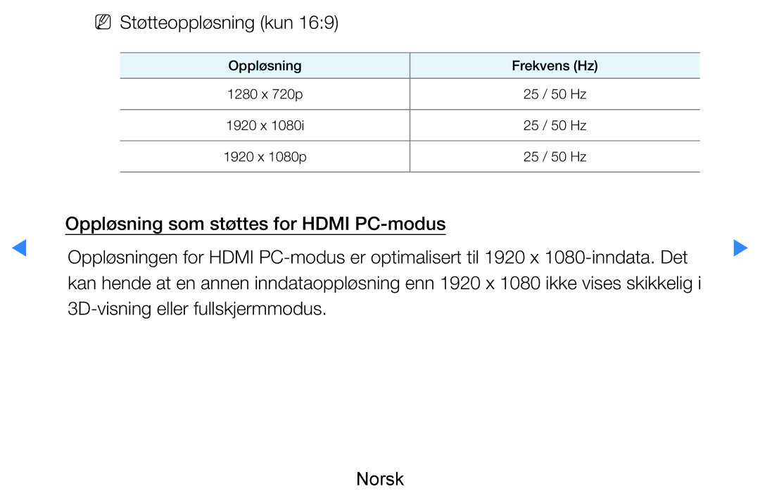 Samsung UE46D7005LUXXE, UE55D8005YUXXE, UE46D8005YUXXE manual NN Støtteoppløsning kun, 3D-visning eller fullskjermmodus Norsk 