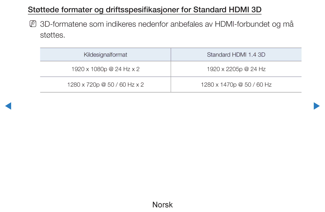 Samsung UE60D8005YUXXE, UE55D8005YUXXE, UE46D7005LUXXE, UE46D8005YUXXE, UE55D7005LUXXE Kildesignalformat Standard Hdmi 1.4 3D 