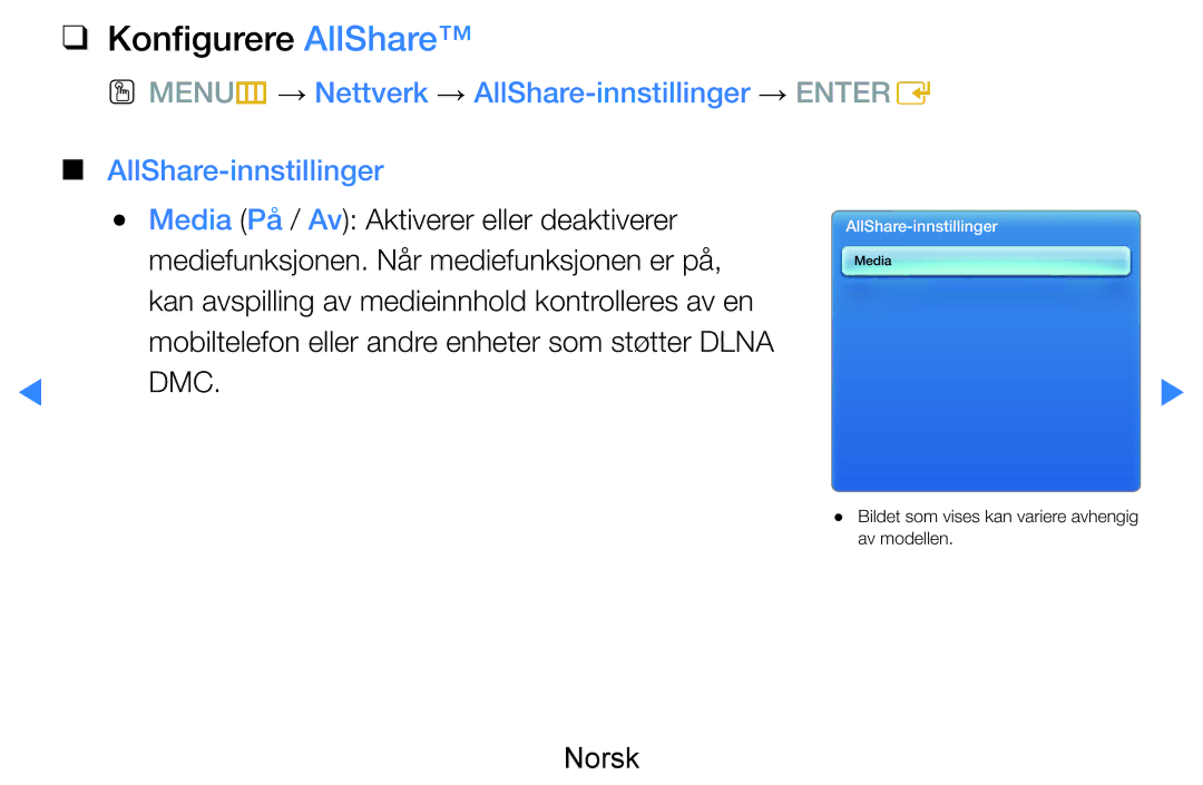 Samsung UE40D7005LUXXE, UE55D8005YUXXE, UE46D7005LUXXE, UE46D8005YUXXE, UE55D7005LUXXE manual Konfigurere AllShare, Dmc 