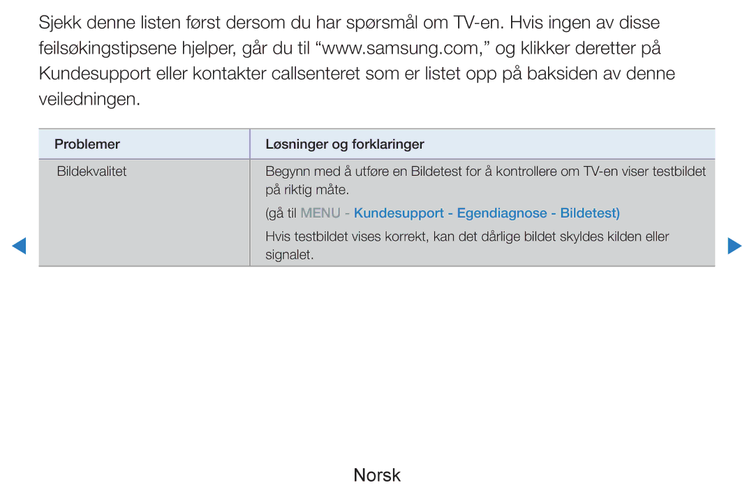 Samsung UE40D8005YUXXE, UE55D8005YUXXE, UE46D7005LUXXE, UE46D8005YUXXE manual Gå til Menu Kundesupport Egendiagnose Bildetest 