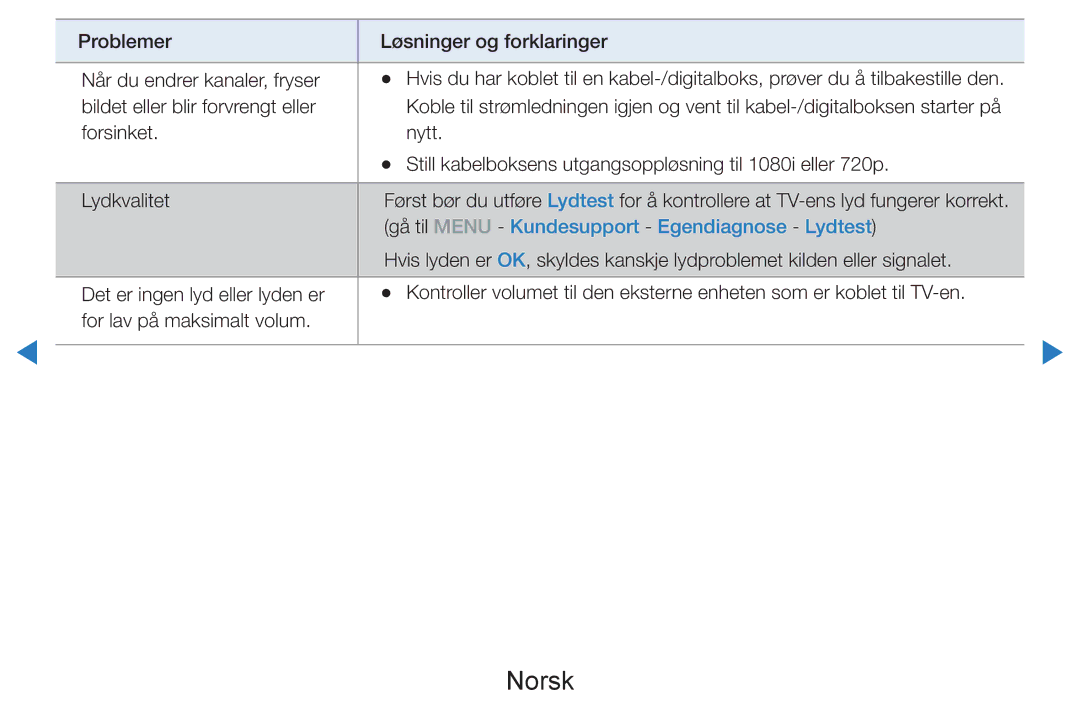 Samsung UE46D7005LUXXE, UE55D8005YUXXE, UE46D8005YUXXE, UE55D7005LUXXE manual Gå til Menu Kundesupport Egendiagnose Lydtest 