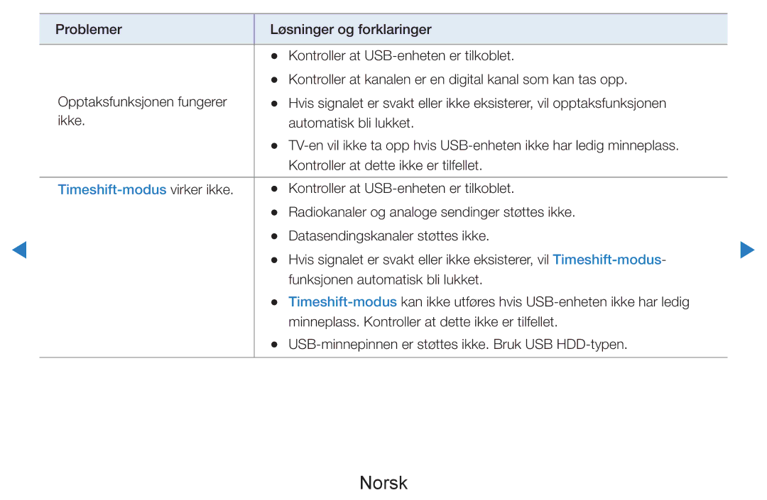 Samsung UE46D7005LUXXE, UE55D8005YUXXE, UE46D8005YUXXE, UE55D7005LUXXE, UE40D8005YUXXE manual Timeshift-modus virker ikke 