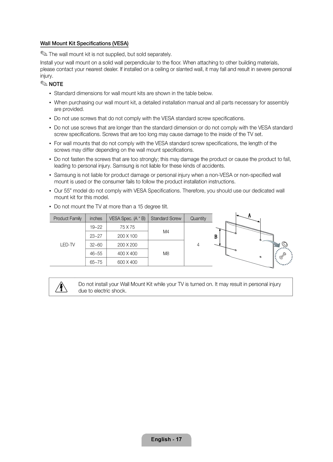 Samsung UE40D8005YUXXE, UE55D8005YUXXE, UE46D8005YUXXE manual Vesa Spec. a * B Standard Screw, 75 X, 200 X, 400 X, 600 X 