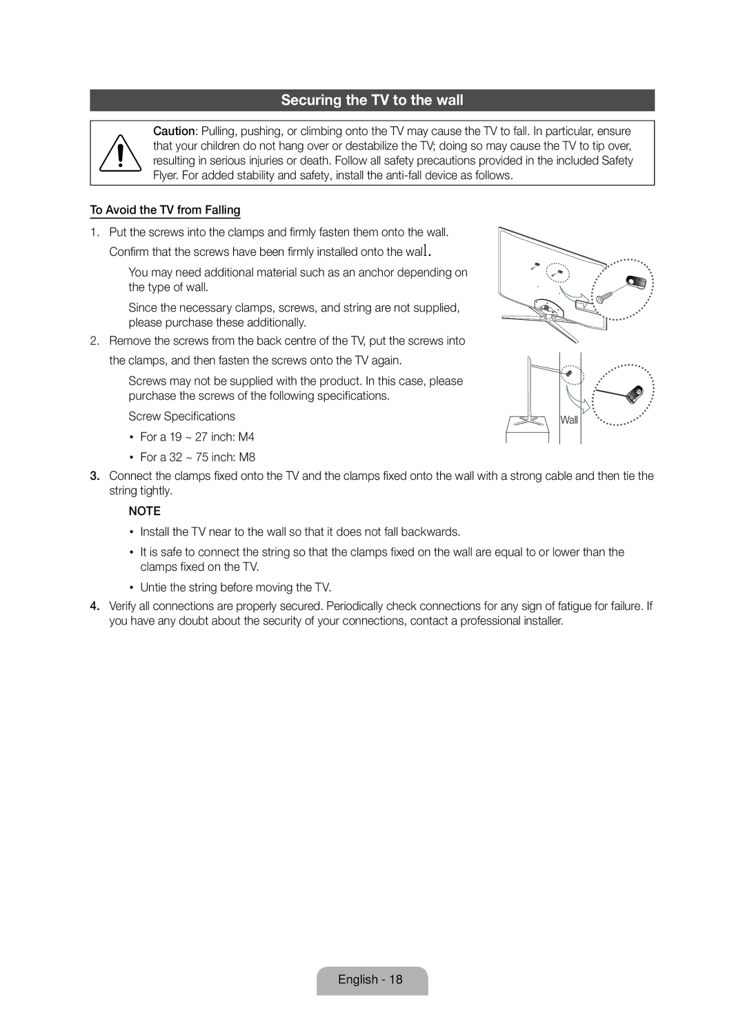 Samsung UE55D8005YUXXE, UE46D8005YUXXE, UE40D8005YUXXE manual Securing the TV to the wall 