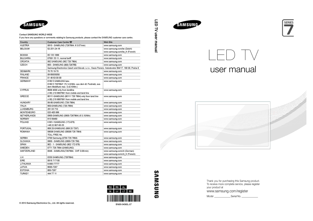 Samsung UE46ES7000SXXH, UE55ES7000SXXH manual 0180 5 7267864* *0,14 €/Min. aus dem dt. Festnetz, aus, BN68-04060L-07 