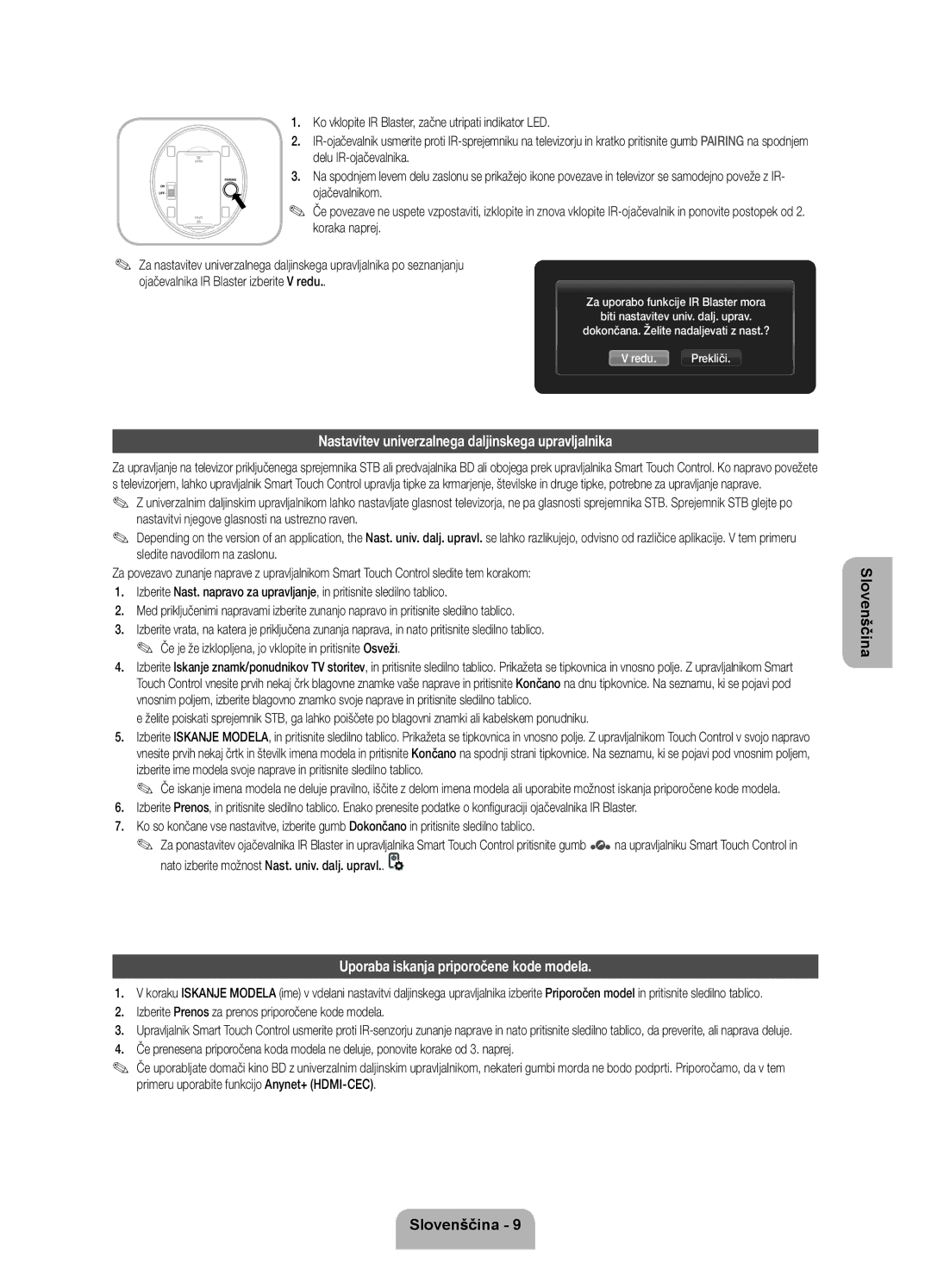 Samsung UE40ES7000SXXH manual Nastavitev univerzalnega daljinskega upravljalnika, Uporaba iskanja priporočene kode modela 