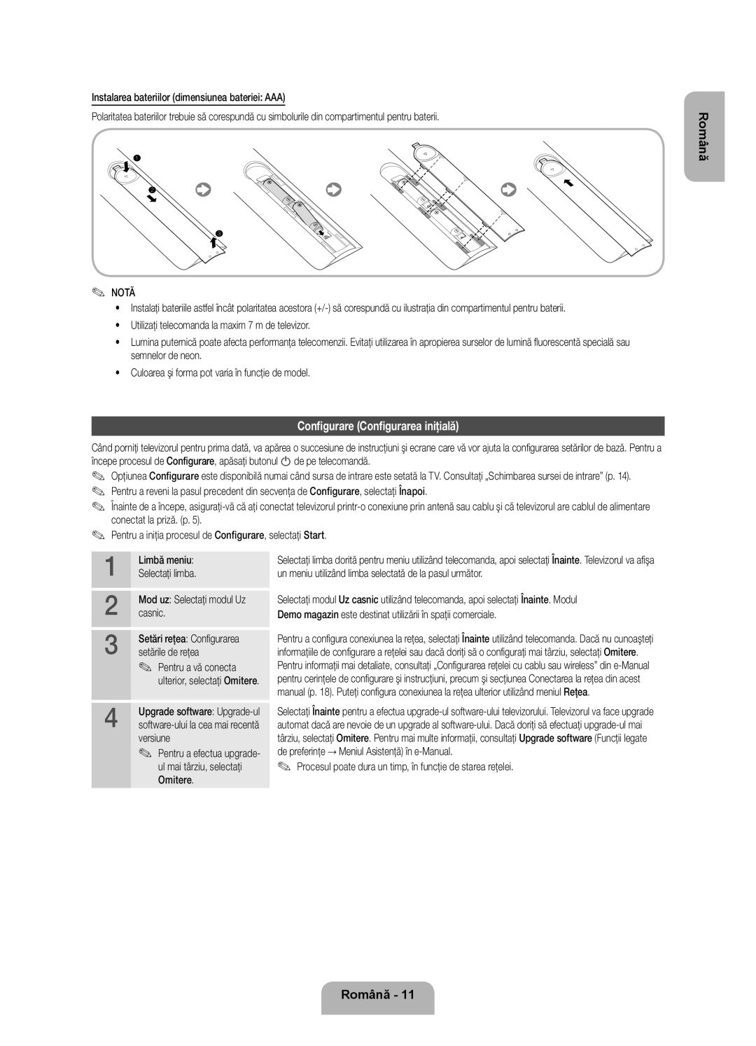 Samsung UE40ES7000SXXH, UE55ES7000SXXH, UE46ES7000SXXH manual Configurare Configurarea iniţială, Notă 