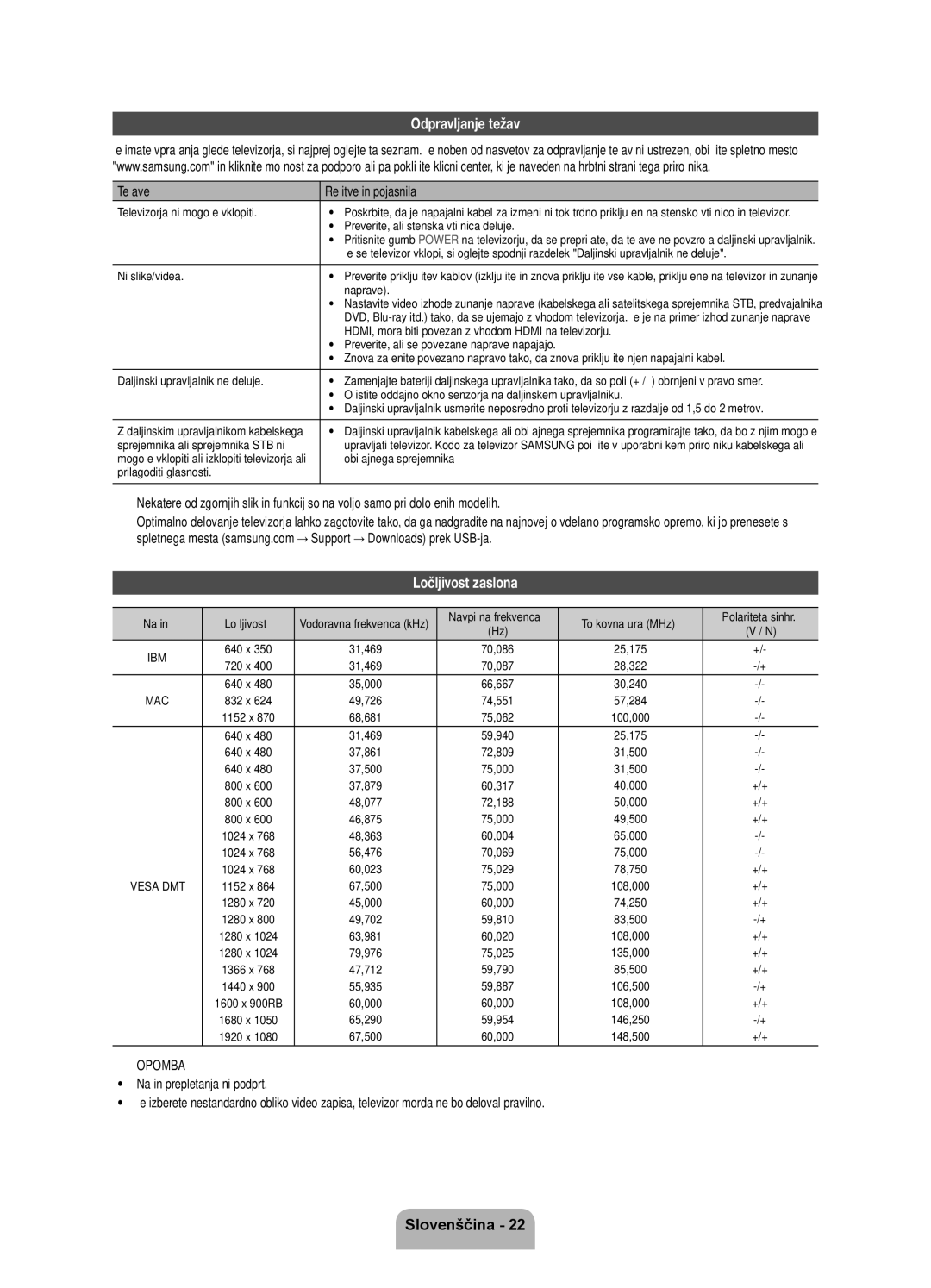 Samsung UE55ES7000SXXH, UE46ES7000SXXH, UE40ES7000SXXH Odpravljanje težav, Ločljivost zaslona, Težave Rešitve in pojasnila 