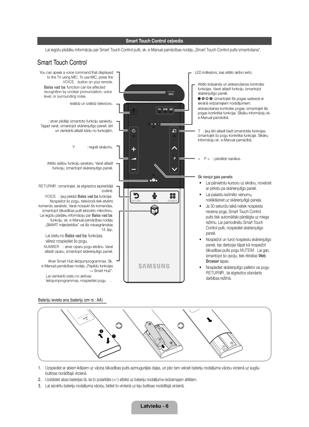 Samsung UE46ES7000SXXH, UE55ES7000SXXH manual Smart Touch Control ceļvedis, Ieslēdz un izslēdz televizoru, Regulē skaļumu 