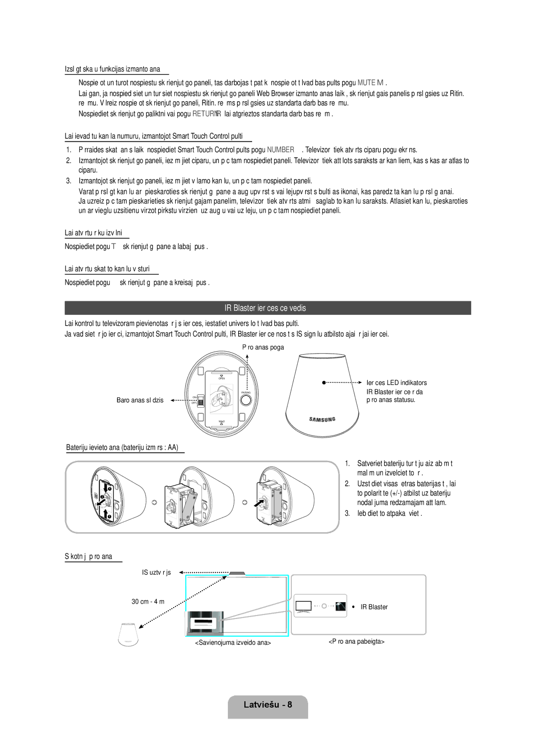 Samsung UE55ES7000SXXH IR Blaster ierīces ceļvedis, Bateriju ievietošana bateriju izmērs AA, Iebīdiet to atpakaļ vietā 