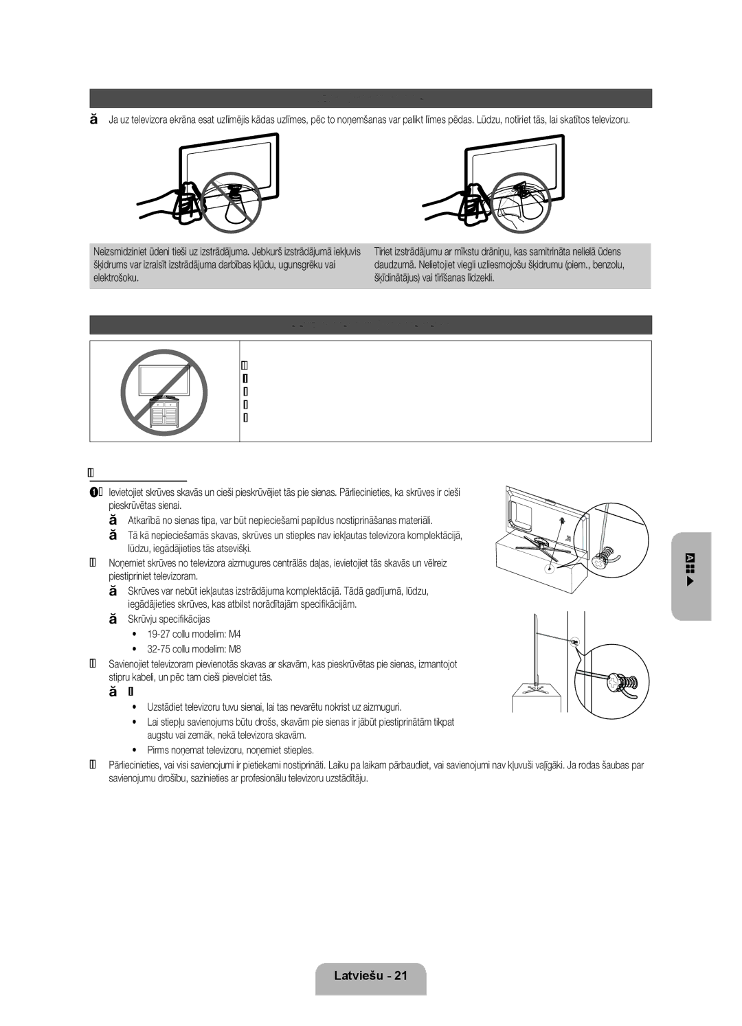 Samsung UE46ES7000SXXH, UE55ES7000SXXH, UE40ES7000SXXH manual Uzglabāšana un apkope, Televizora piestiprināšana pie sienas 