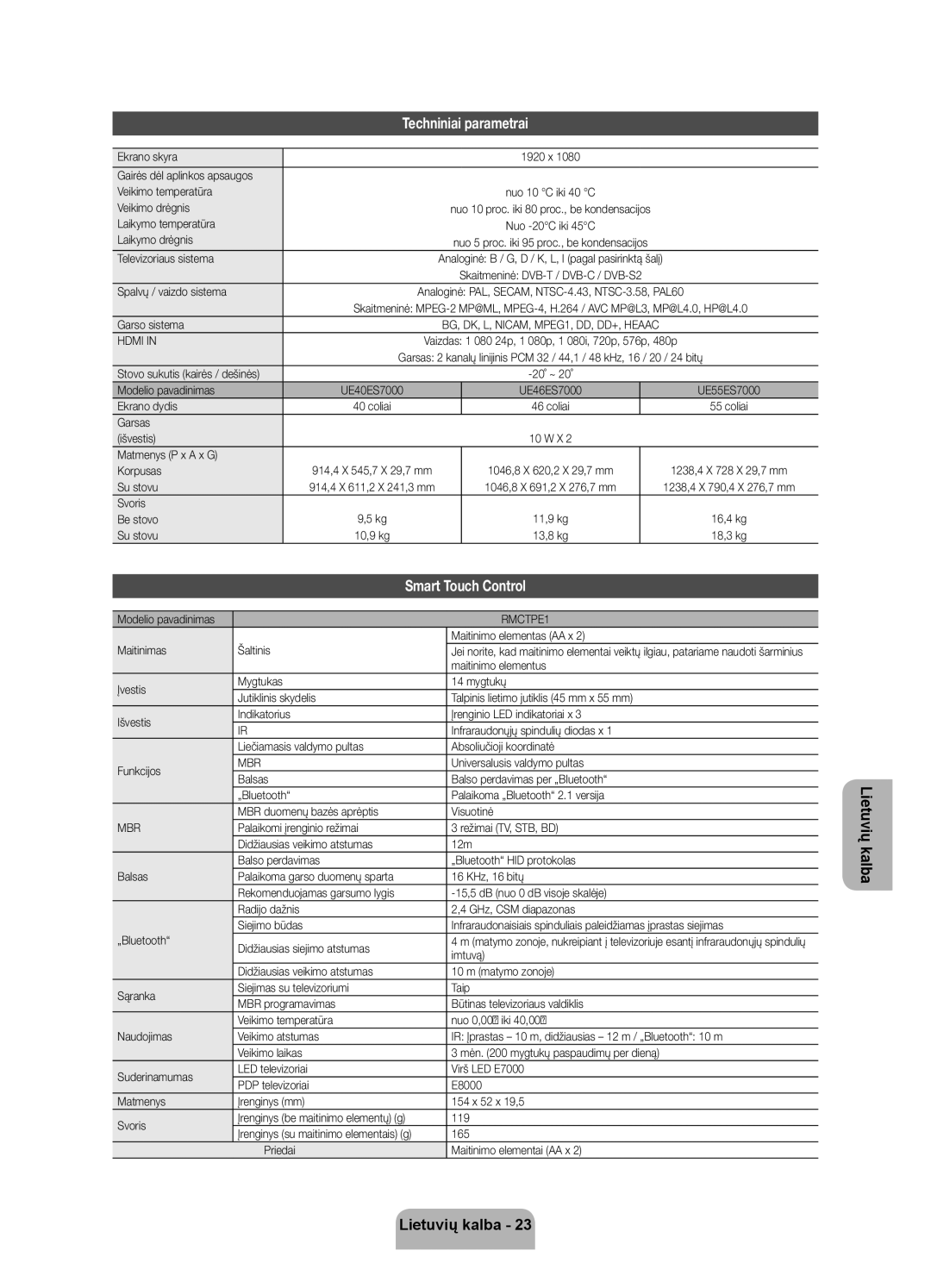 Samsung UE40ES7000SXXH, UE55ES7000SXXH, UE46ES7000SXXH manual Techniniai parametrai 