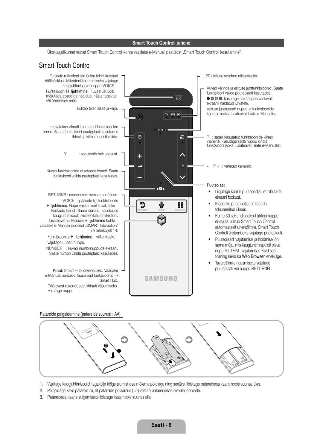 Samsung UE40ES7000SXXH manual Smart Touch Controli juhend, Liigutage sõrme puutepadjal, et nihutada ekraani fookust 