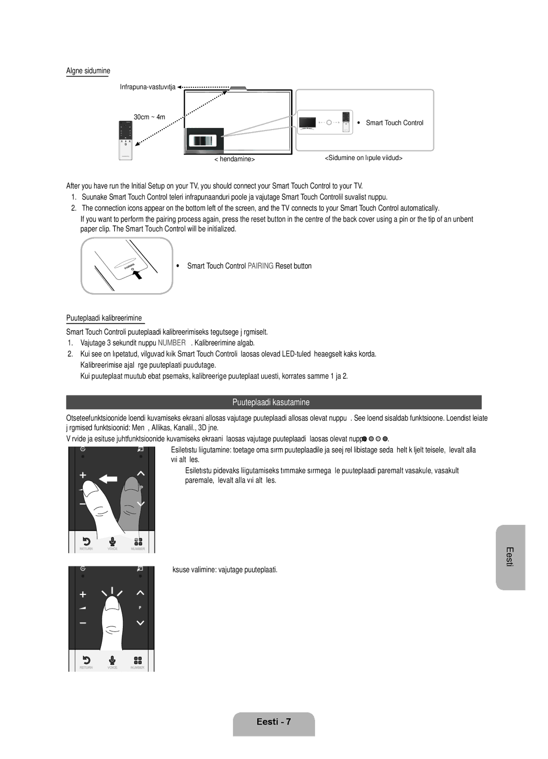 Samsung UE55ES7000SXXH, UE46ES7000SXXH manual Puuteplaadi kasutamine, Algne sidumine, Üksuse valimine vajutage puuteplaati 