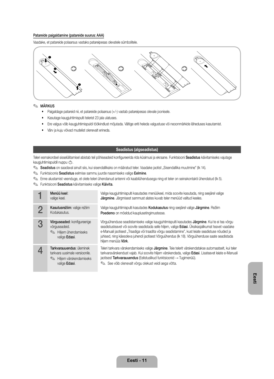 Samsung UE46ES7000SXXH manual Seadistus algseadistus, Märkus, Värv ja kuju võivad mudelist olenevalt erineda, Valige Edasi 