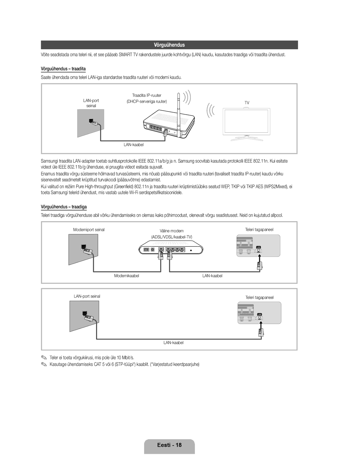 Samsung UE40ES7000SXXH manual Võrguühendus traadiga, Teler ei toeta võrgukiirusi, mis pole üle 10 Mbit/s, LAN-kaabel 