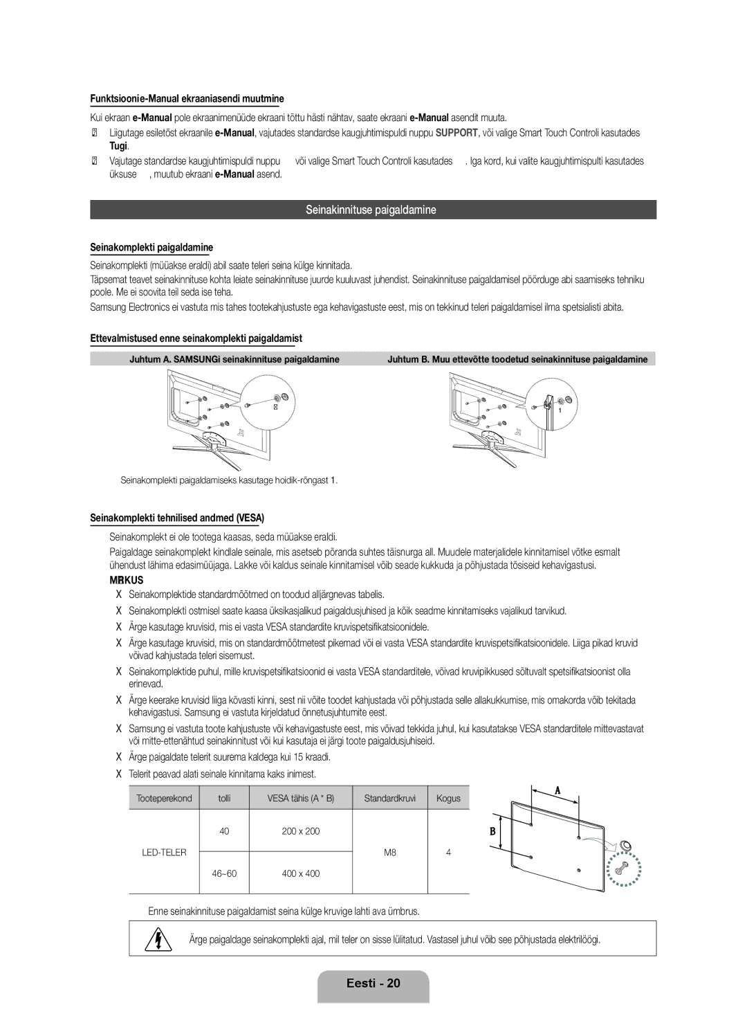 Samsung UE46ES7000SXXH manual Seinakinnituse paigaldamine, Ettevalmistused enne seinakomplekti paigaldamist, Tolli 