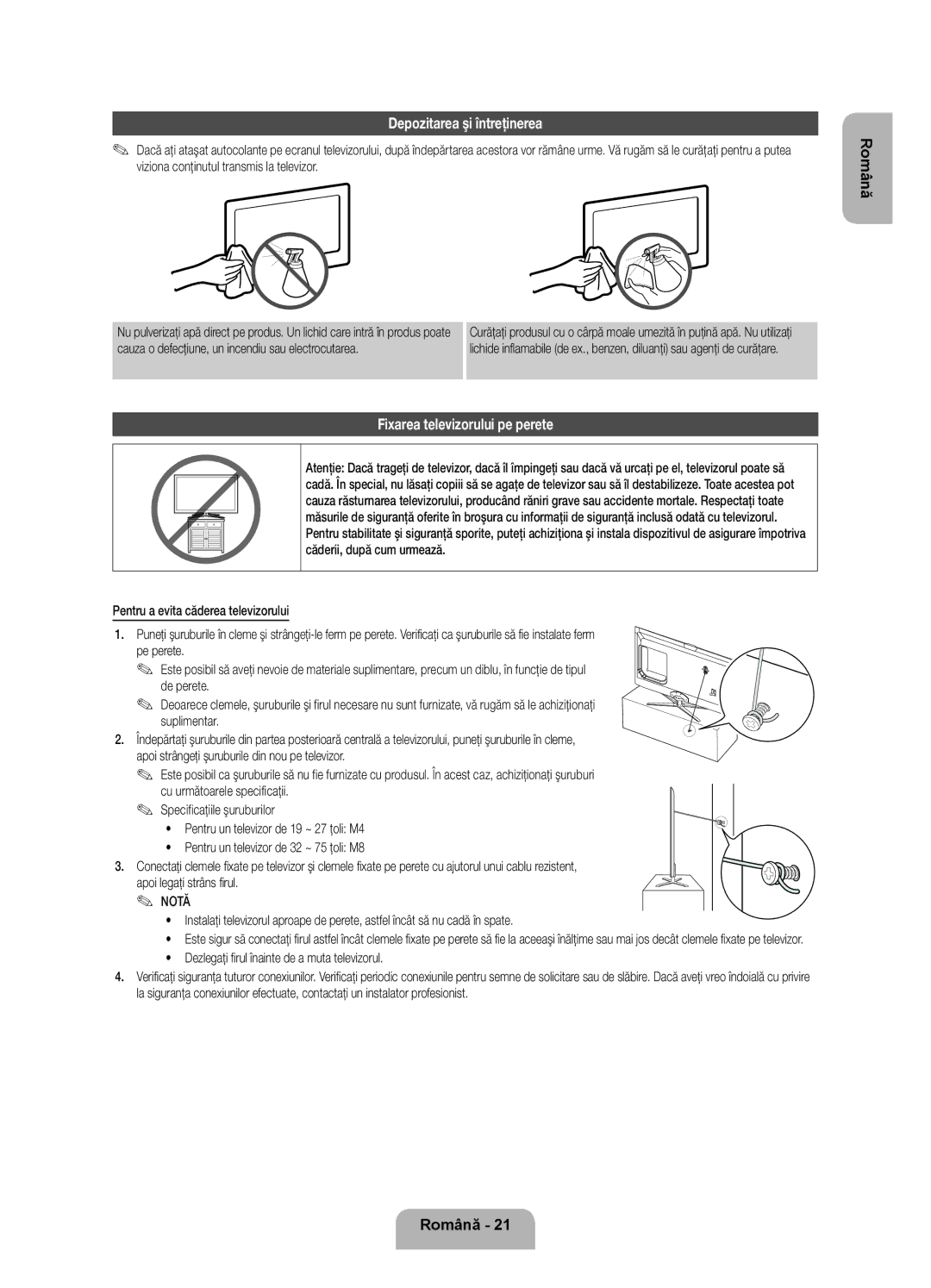 Samsung UE55ES7000SXXH, UE46ES7000SXXH, UE40ES7000SXXH manual Depozitarea şi întreţinerea, Fixarea televizorului pe perete 