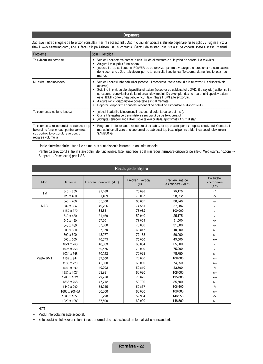 Samsung UE46ES7000SXXH, UE55ES7000SXXH, UE40ES7000SXXH manual Depanare, Rezoluţie de afişare, Probleme Soluţii şi explicaţii 