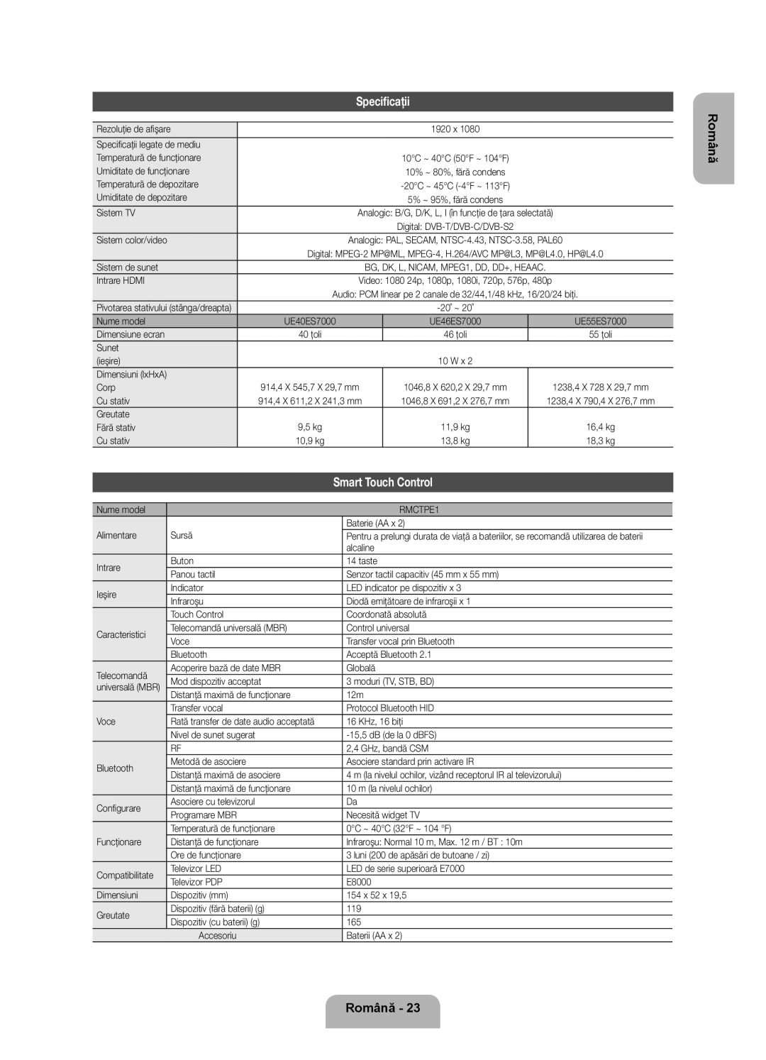 Samsung UE40ES7000SXXH, UE55ES7000SXXH, UE46ES7000SXXH manual Specificaţii, Smart Touch Control 